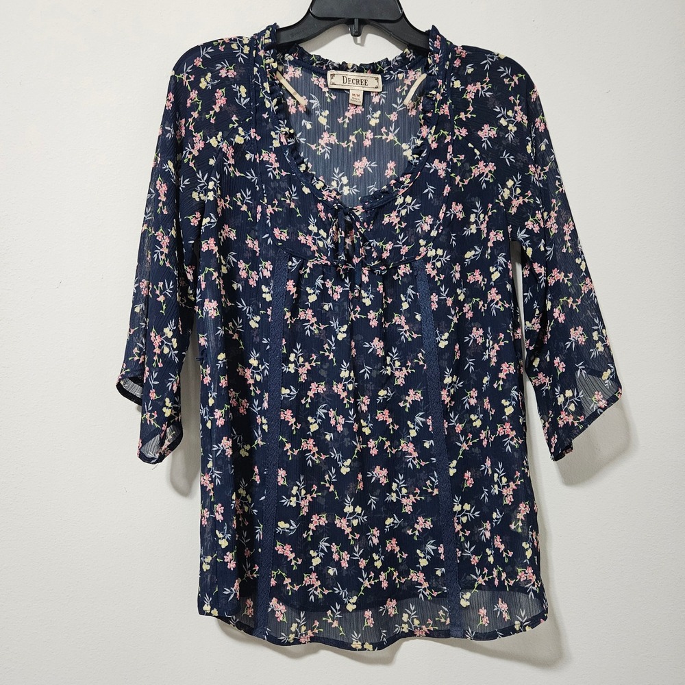 Decree Navy Blue Floral Ruffle V-Neck Sheer Blouse 3/4 Sleeve Boho Top Medium